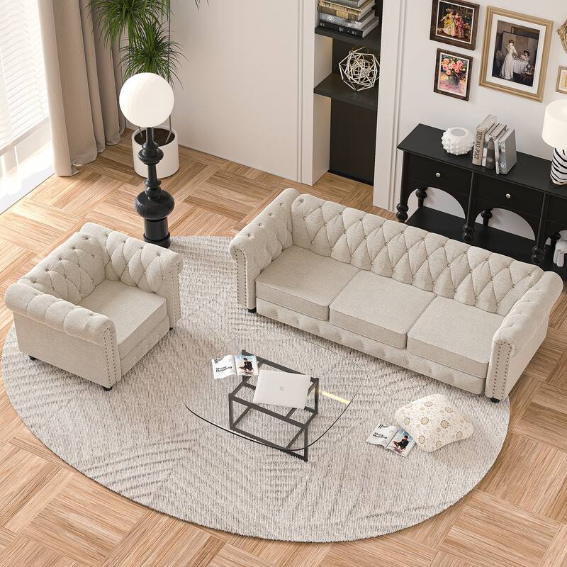 Morden Fort Button Tufted Upholstered Chesterfield Sofa Set Chair and Sofa,2 PCS for Living Room,Linen,Solid Wood Legs