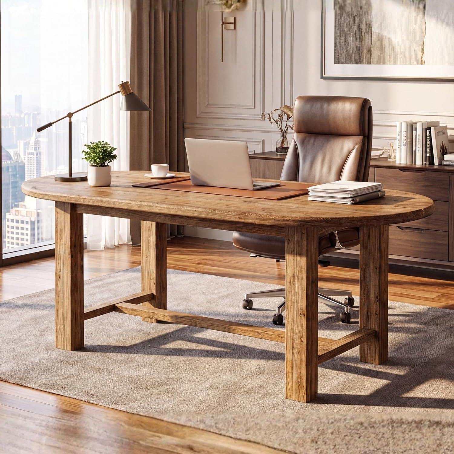 63-inch Oval Office Desk for Home Office, Livinq Room, Sturdy Room, Brown