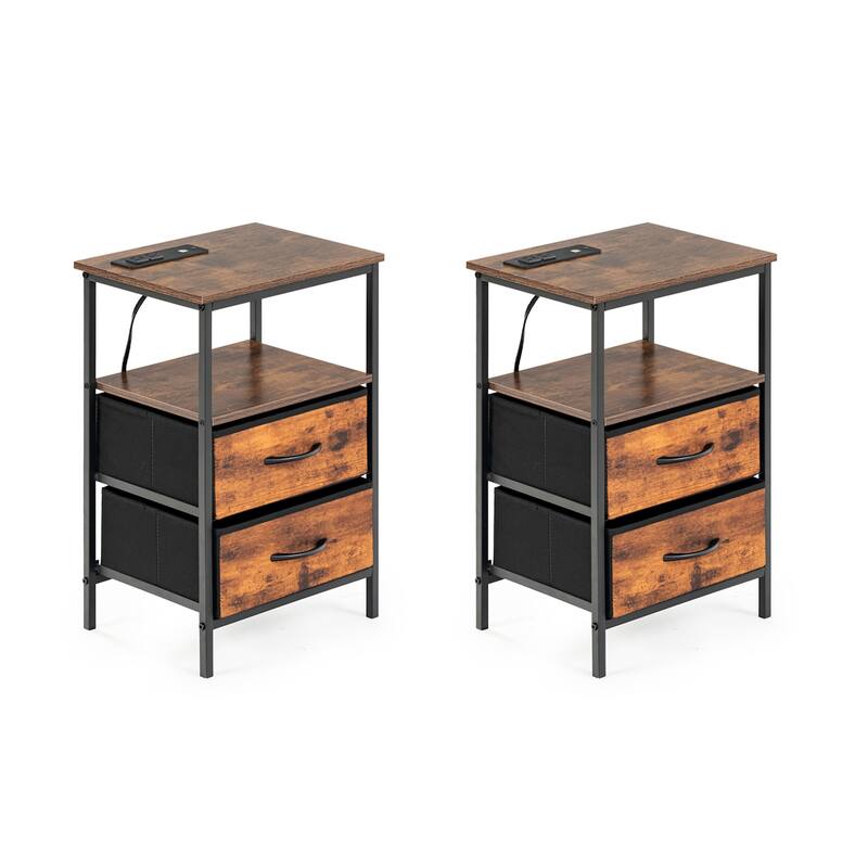 Homy Casa Industrial Nightstands Drawers, USB, Power Outlet Vintage - Vintage - 2-drawer