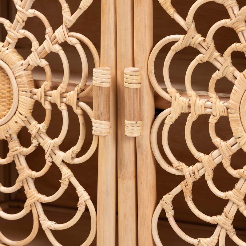 Acelin Natural Rattan Storage Cabinet - Handcrafted Boho Accent Console with Floral Doors, Natural Wicker Sideboard