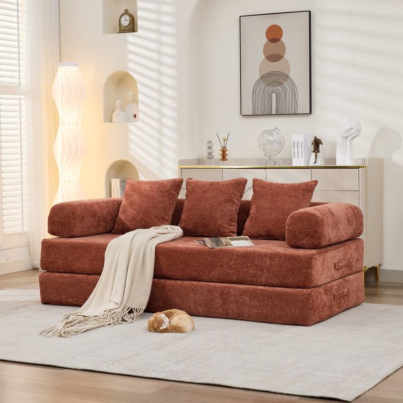 Roomfitters Folding Sofa Bed with 3 Pillows, Convertible Floor Lounger Sleeper Couch for Living Room and Guest Room - Orange