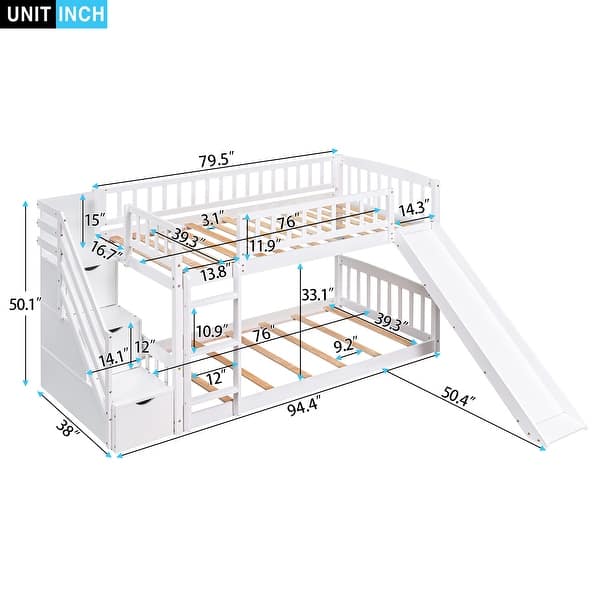 dimension image slide 1 of 2, Roomfitters Stairway Twin Over Twin Bunk Bed with Two Drawers and Slide, Space-Saving Wooden Frame for Bedroom
