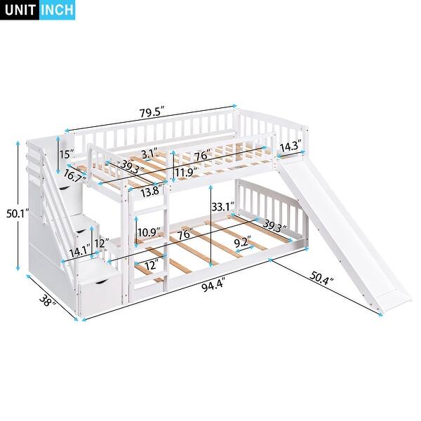 dimension image slide 1 of 2, Stairway Twin over Twin Wooden Bunk Bed with Two Drawers & Slide - Functional Kids' Bedroom Furniture