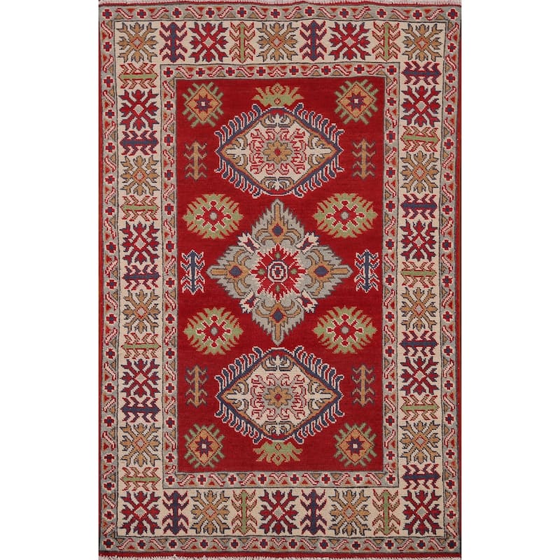 Red Kazak Oriental Accent Rug Handmade Traditional Wool Carpet - 3'2" x 4'10"