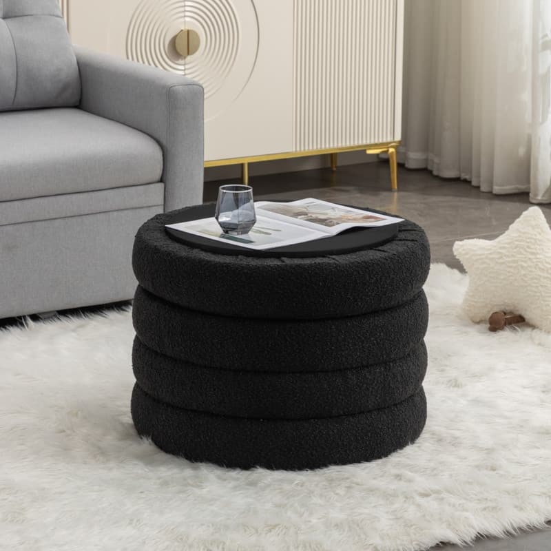 Boucle Fabric Storage Round Ottoman Footstool With Wooden Shelving