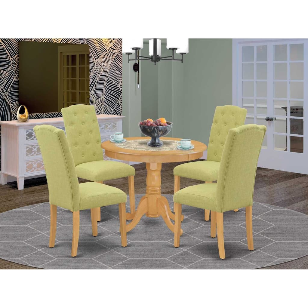 HomeStock 5-Piece Round Natural Oak Finish Solid Wood Top Dining Table with 4-Parson Chair with Lattice Back