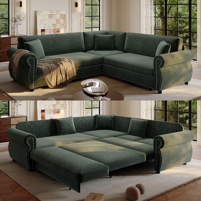 88.2" L-Shaped Sleeper Sectional Sofa with Pull-Out Bed - Chenille Convertible Couch, Nailhead Trim, for Living Room - Green