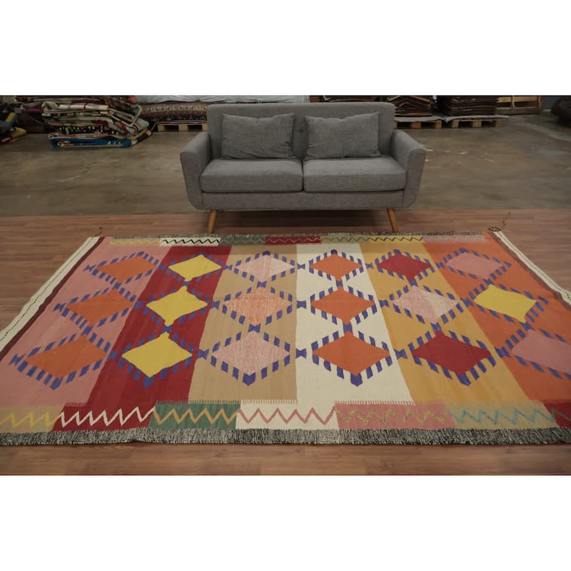 Hand Woven Oriental 100% Wool Carpet Southwestern Modern Multi-Colored Kilim Area Rug - 9' 9'' X 6' 8''