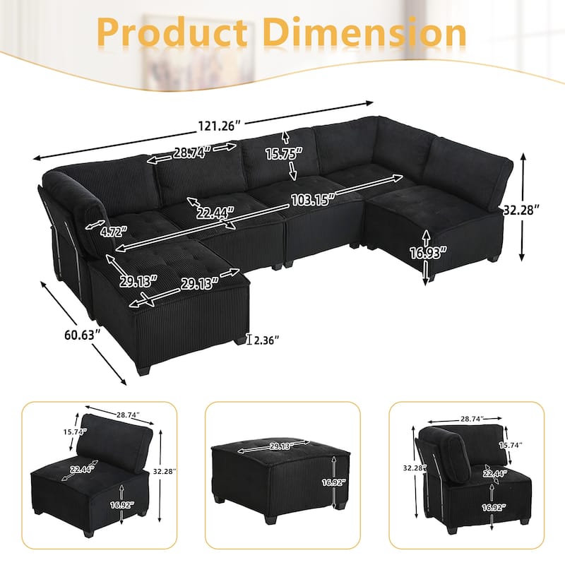 U-Shaped Corduroy Upholstered 6-Seat Convertible Modular Sectional Sofa Fit for Living Room