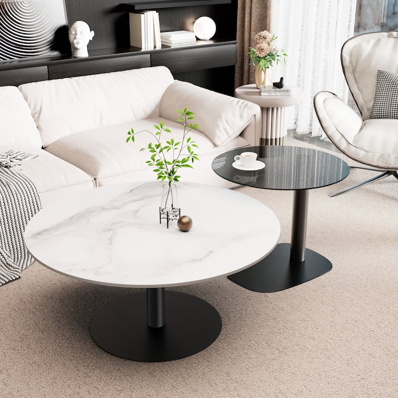 Modern Round Nesting Coffee Table Sintered Stone Tempered Glass Top - 32"x16"