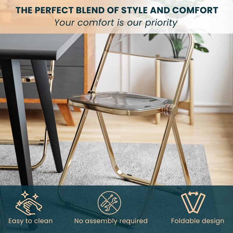 Lawrence Modern Foldable Transparent Acrylic Folding Dining Chair with Accent Gold Chrome Frame for Home Living and Dining Room