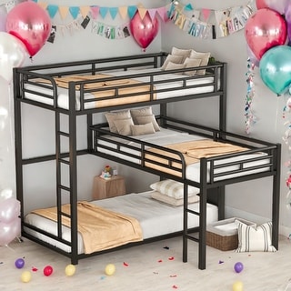 Multifunctional Design L-shaped Metal Triple Twin Size Bunk Bed, Sturdy Metal Frame, Space-saving,Black