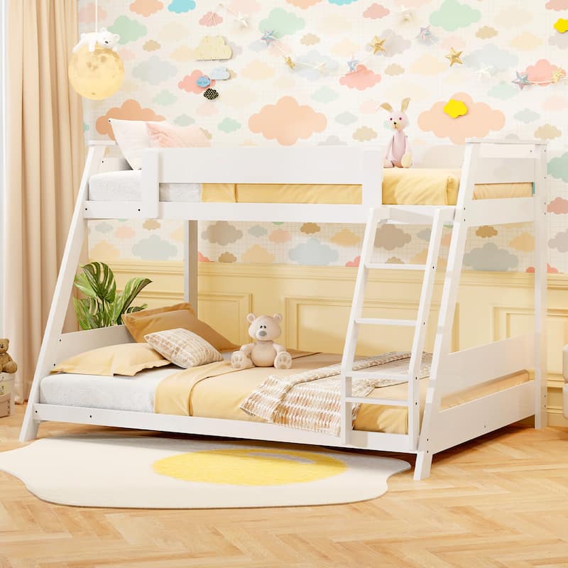 Gymax Twin Over Full Low Bunk Bed Solid Wooden Floor Bunk Bed w/ - White