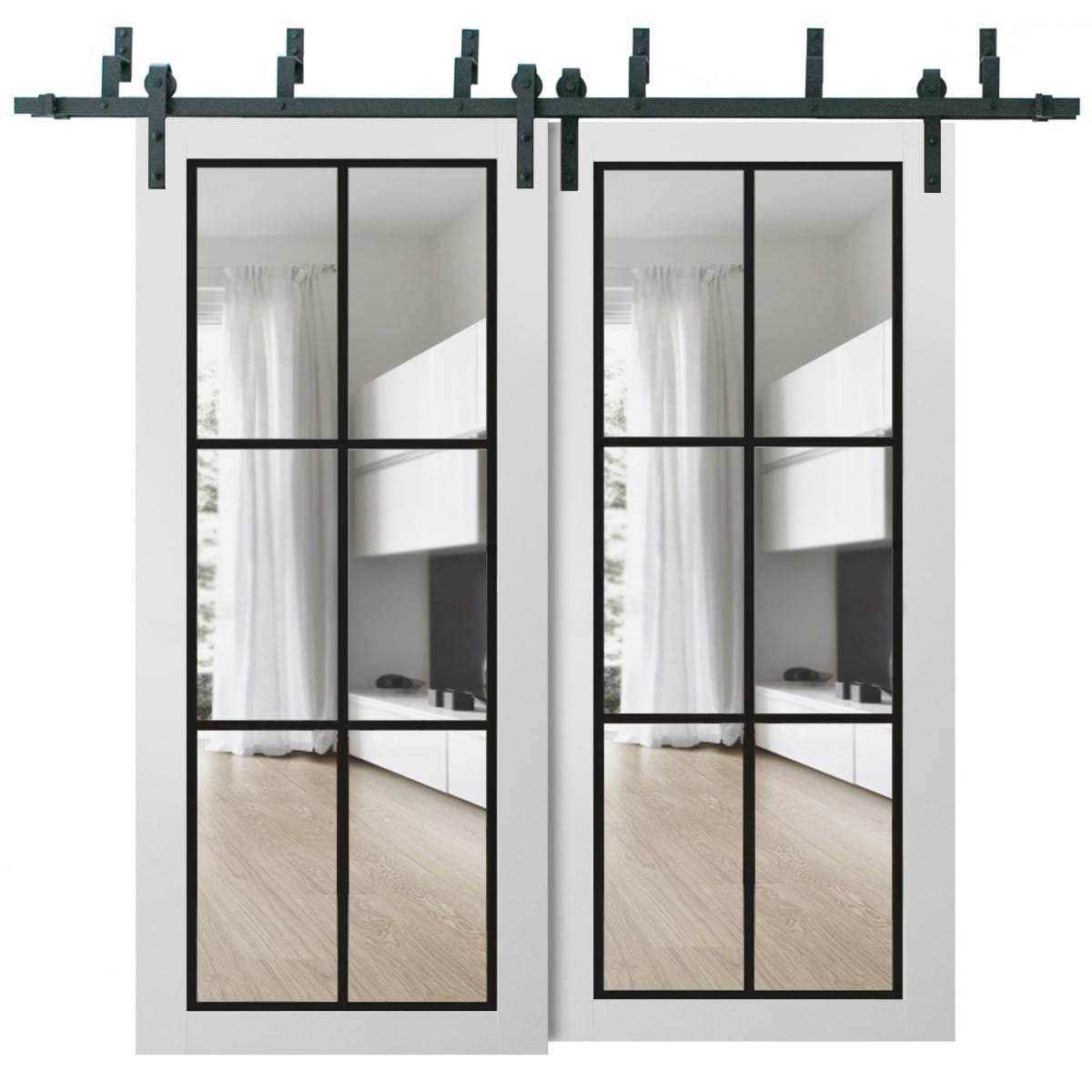 SARTODOORS Lucia 2366 White Wood Barn Bypass Doors with Clear Glass
