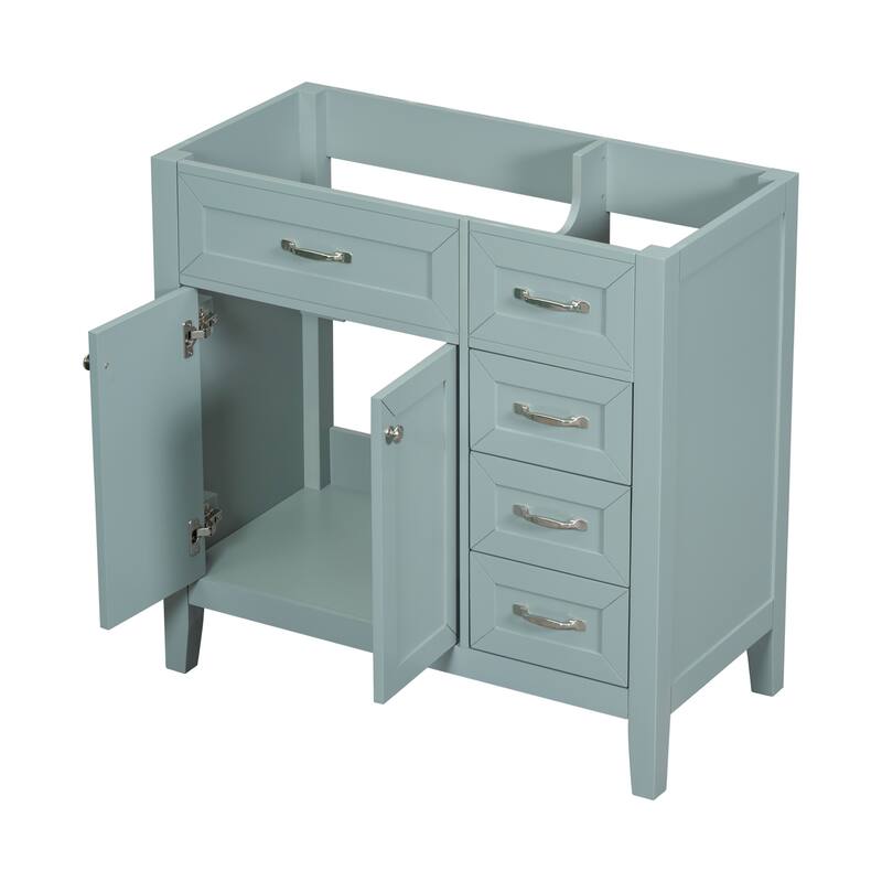 36" Modern White Bathroom Vanity Cabinet Base, 2 Doors & 3 Drawers, Solid Rubber Wood & MDF