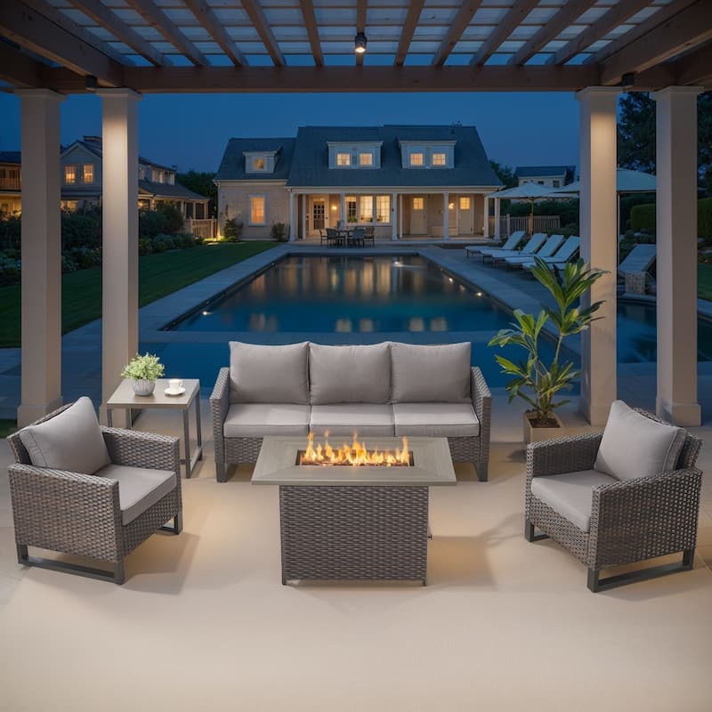 Outdoor Fire Pit Table with Patio Funiture - Brwon Wicker Grey Cushion - 5PCS Sofa Chair w/ Fire Table