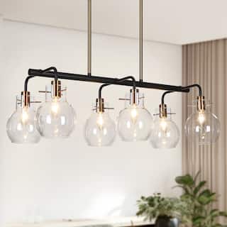Isha Modern 6-Light Black Gold Linear Chandelier Glass Pendant Light Fixture - 28" L x 13" W x 9.5" H