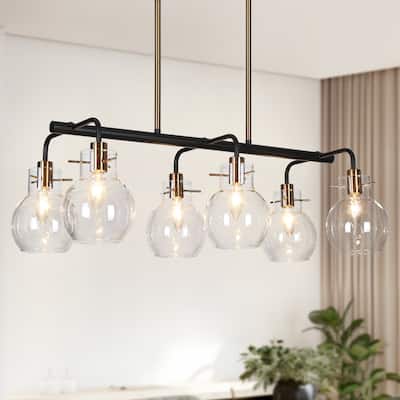 Isha Modern 6-Light Black Gold Linear Chandelier Glass Pendant Light Fixture - 28" L x 13" W x 9.5" H