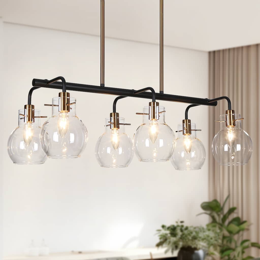 Isha Modern 6-Light Black Gold Linear Chandelier Glass Pendant Light Fixture - 28" L x 13" W x 9.5" H