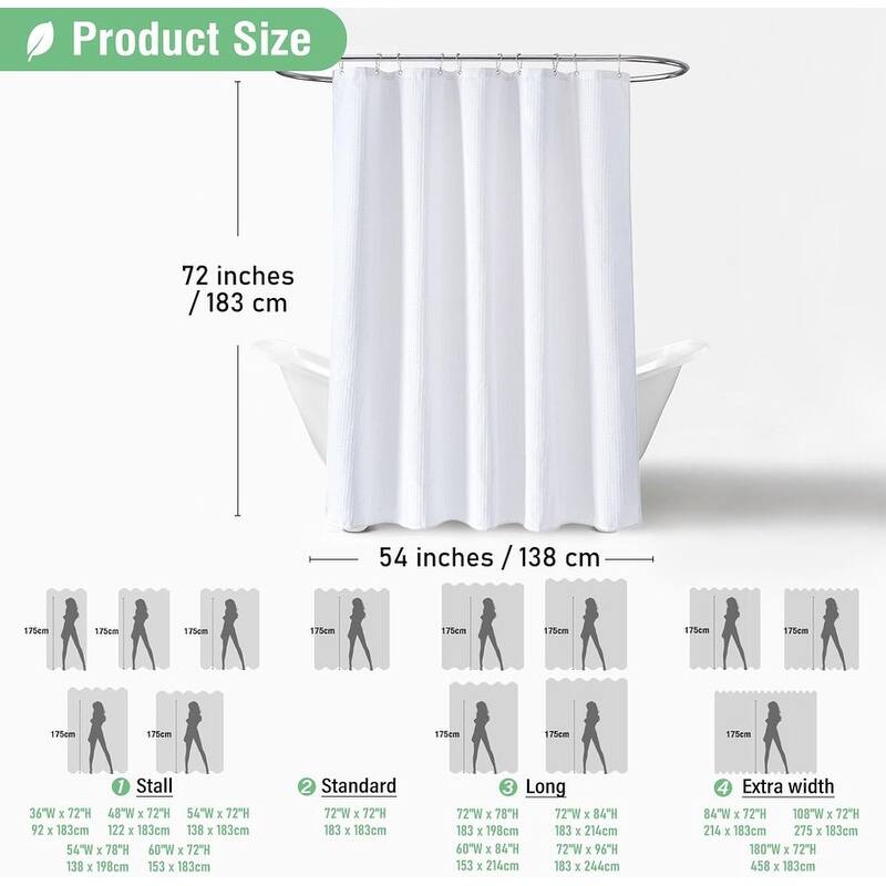 Waffle Textured Heavy Duty Thick Fabric Shower Curtain, Luxury Weighted Polyester Fabric Shower Curtain Set