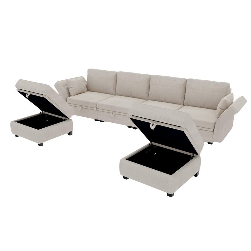 Linen Fabric U Shaped Modular Couch Set with Ottomans and Storage Seats