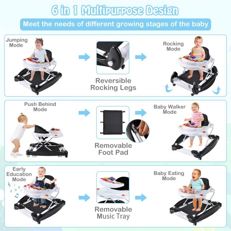 6 in 1 Foldable Baby Walker with Adjustable Height - 28" L x 24" W x 19.5" H