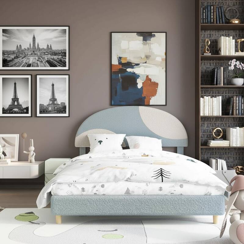 Twin Bed Frame, with Wooden Slats and Round Boucle Headboard - Blue and Blue - Full