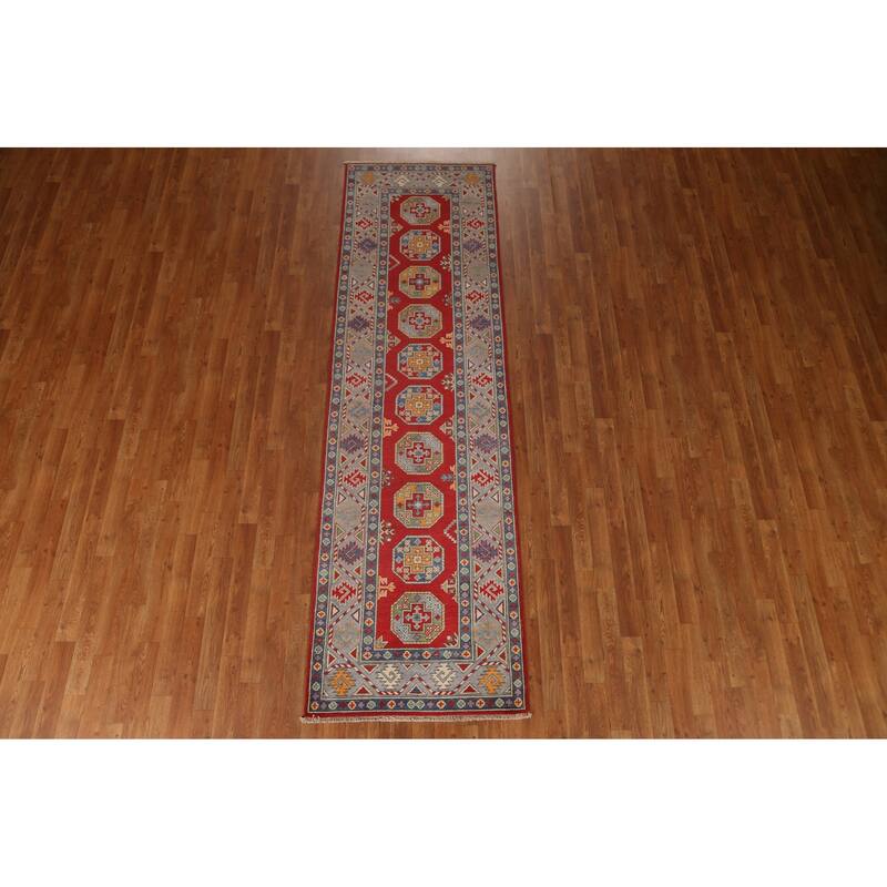 Geometric Kazak Oriental Hallway Runner Rug Hand-knotted Wool Carpet - 2'9" x 9'7"