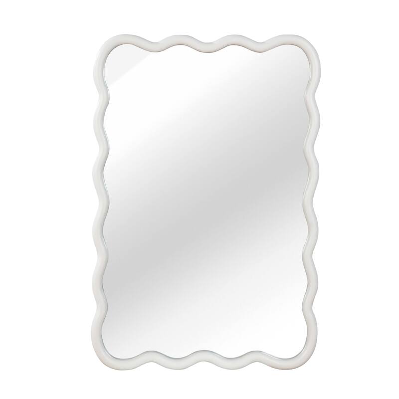 Wavy Rectangle Solid Wood Frame Decorative Mirror - White