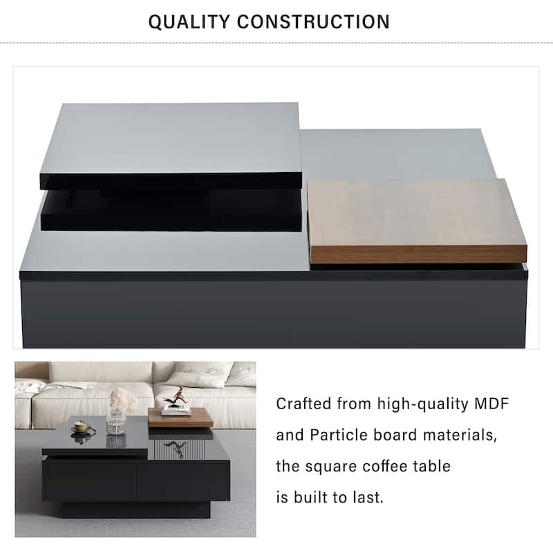 Black Modern Square Wood Coffee Table with Movable Top, High Gloss Finish, 4 Hidden Storage Drawers for Living Room