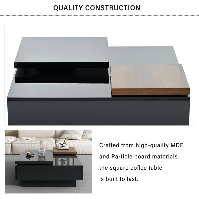 Roomfitters Modern Square Coffee Table with Movable Top and Hidden Storage Compartments, High Gloss Finish, Black
