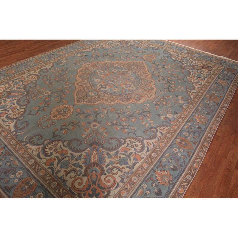 Blue Tabriz Persian Vintage Area Rug Hand-Knotted Wool Carpet - 9'6" x 12'10"