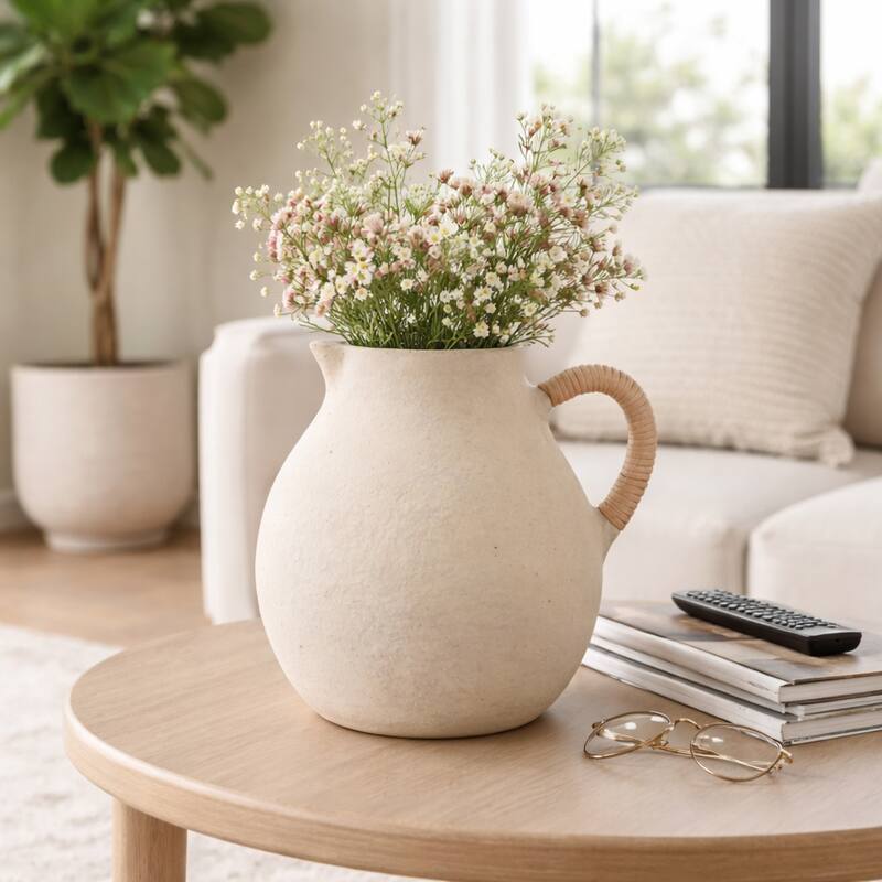 Pottery Vase with Woven Rattan Handle - Tall Flower Vase