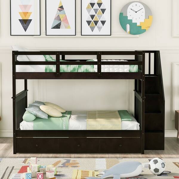 slide 2 of 32, Space-Saving Stairway Full over Full Bunk Bed with Drawer, Storage & Guard Rail Espresso