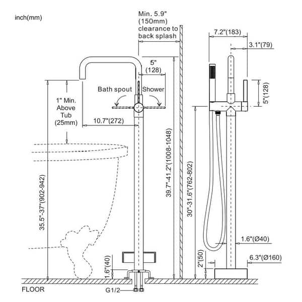 dimension image slide 2 of 5, WOWOW Floor Mount Single-Handle Freestanding Tub Faucet