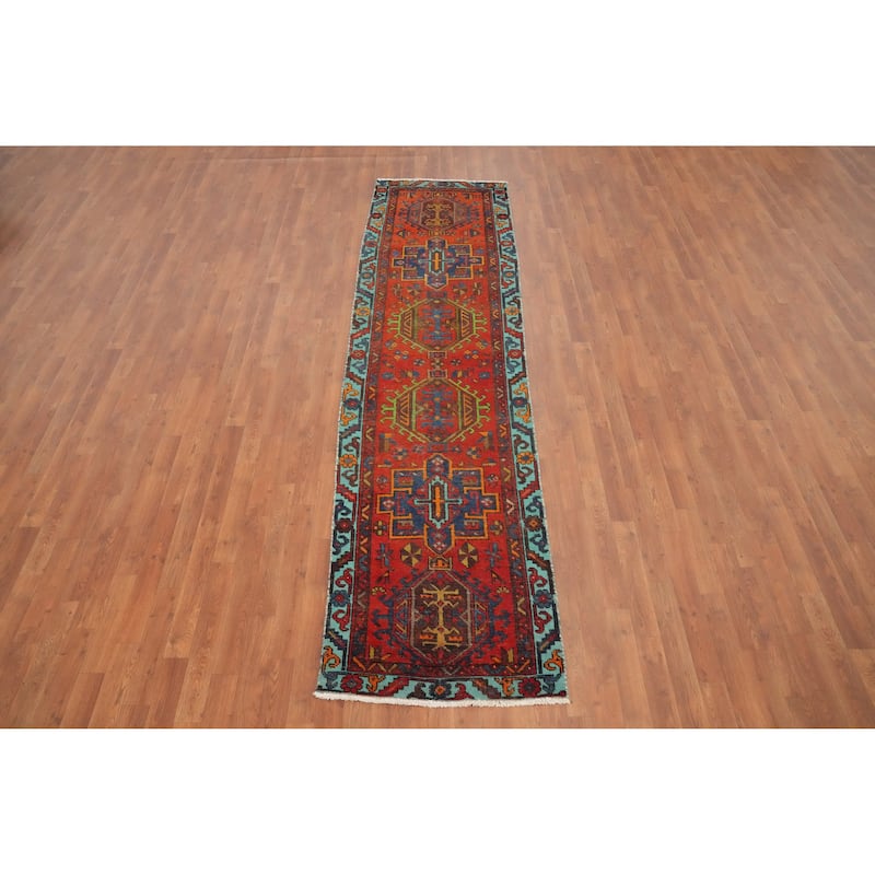 Hand Knotted Oriental 100% Wool Carpet Traditional Geometric Oranges & Rust Heriz Runner Rug - 10' 6'' X 2' 7''