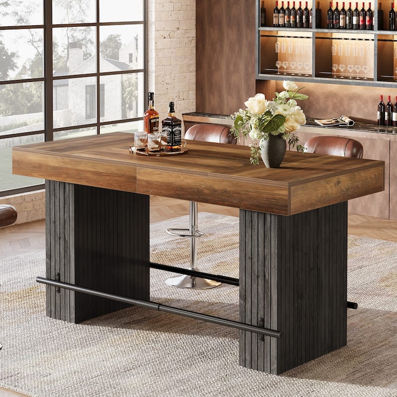 63-Inch Bar Table, Industrial Counter Height Pub Dining Table with Metal Footrest - Rustic Brown