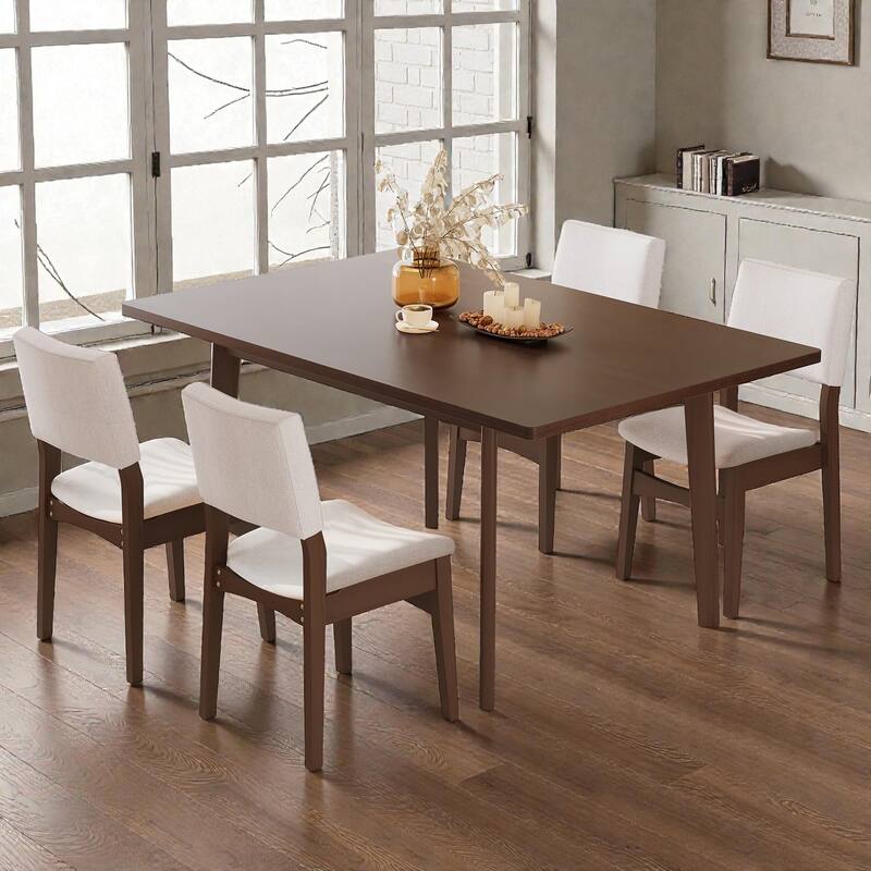 5-Piece Modern Dining Set with Solid Wood Table and Upholstered Linen Chairs, Space-Saving Stackable Design