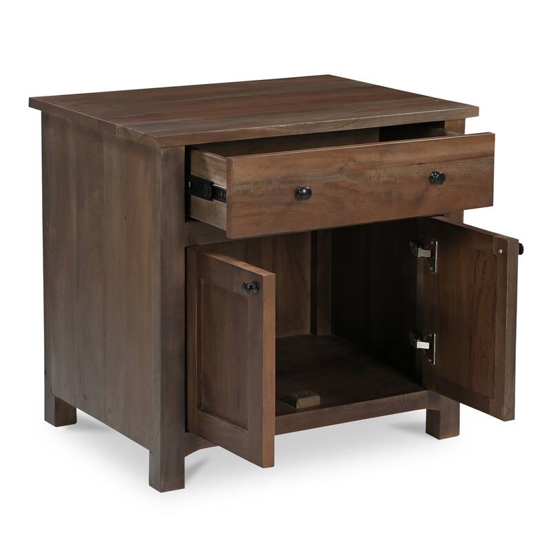 NADAAL STUDIOS Gene Nightstand, Wireless Charging in Reclaimed Neem Wood with Traditional Cabinet Design, Dark Brown