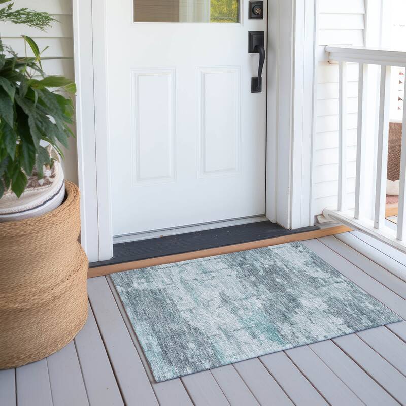 Machine Washable Indoor/ Outdoor Crouppen Modern Chantille Rug - Aqua - 1'8" x 2'6"