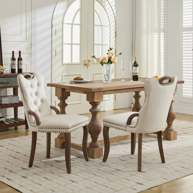 Velvet Dining Chairs with Tufted Trim & Copper Nail Accents - Set of 2