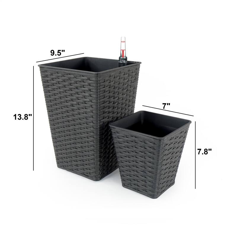 Medium 9 in. & 7 in. Smart Self-Watering Square Planter with Water Level Indicator - Hand Woven Wicker (2-Pack)
