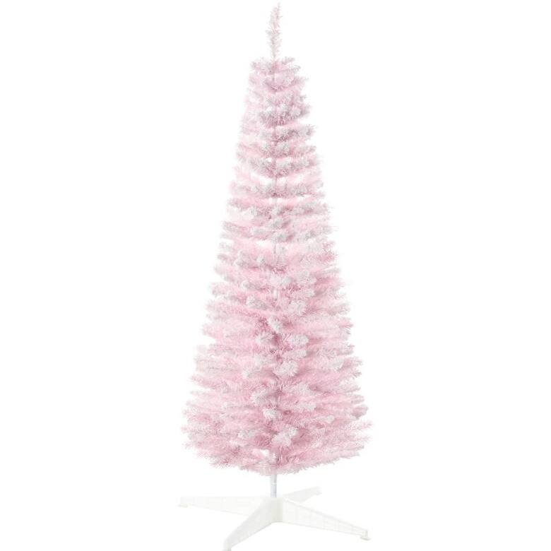 Snow Flocked Pencil Christmas Tree - Realistic Branches, Slim Shape - Pink