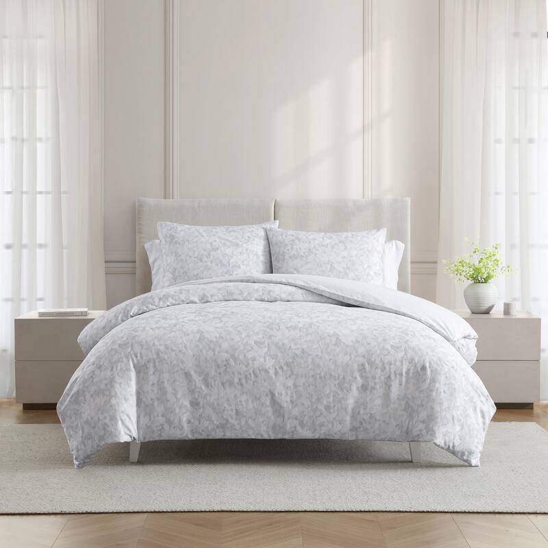 Vera Wang Nebulous Flower Cotton Sateen Textured Reversible Duvet Cover Set (Grey, 3 Piece)