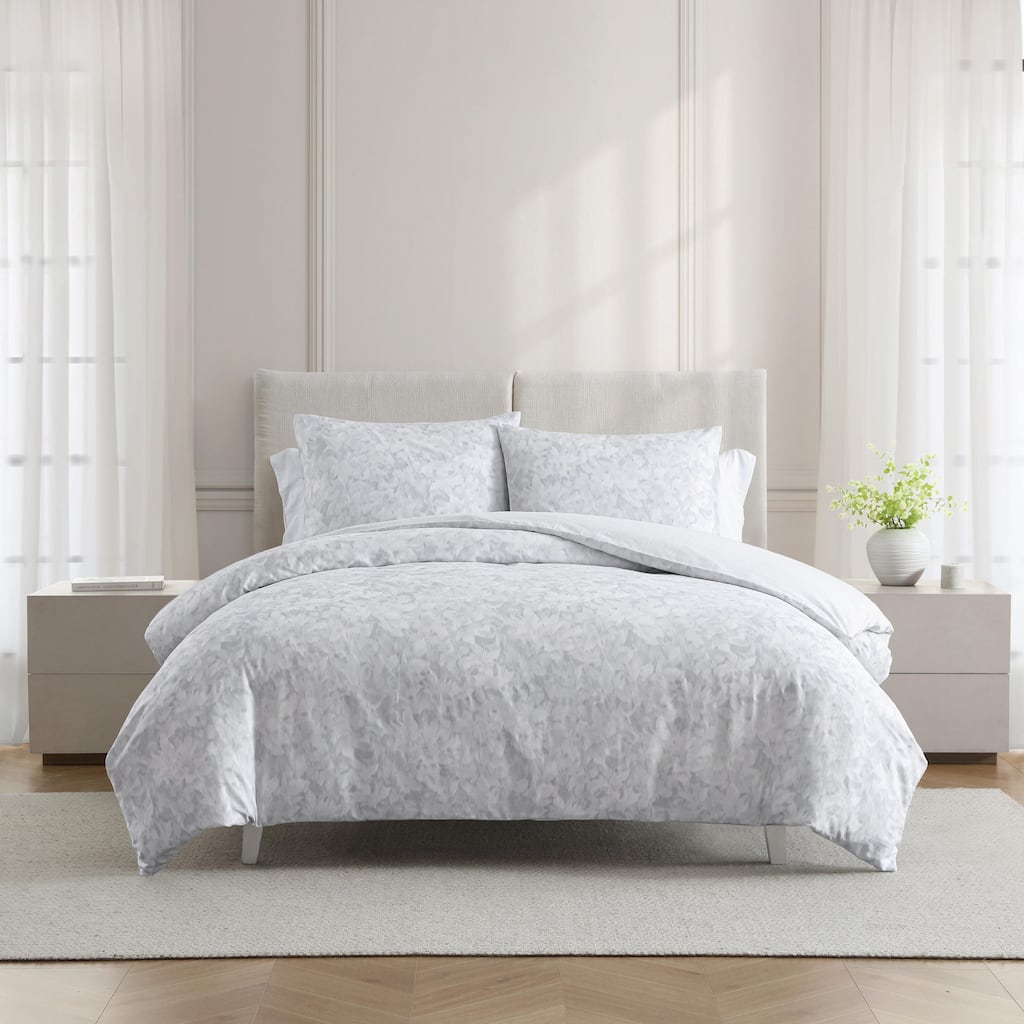 Vera Wang Nebulous Flower Reversible Cotton Tailored Comforter Set Modern (Grey, 3 Piece)