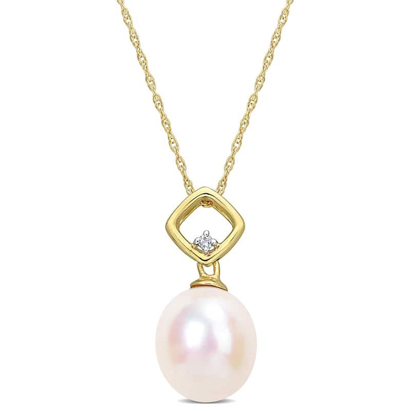Miadora Diamond Accent 9-9.5mm White Freshwater Cultured Pearl Fashion Pendant with Chain 10k Yellow Gold
