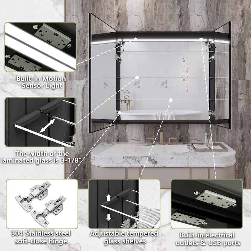 Rectangular Aluminum Recessed/Surface Mount Frameless Anti-Fog Medicine Cabinet with Dimmable LED Lights