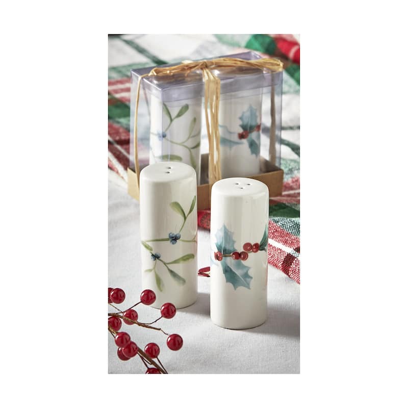 Winter Sprig Ceramic Salt and Pepper Shakers Set of 2 - Multicolor, Hand Wash Only, 3.67 in H x 1.5 in Dia
