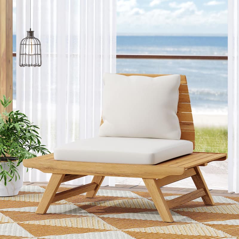 Roomfitters Modern Armless Patio Lounge Chair with Deep Cushions and Wide Acacia Base, Outdoor Seating