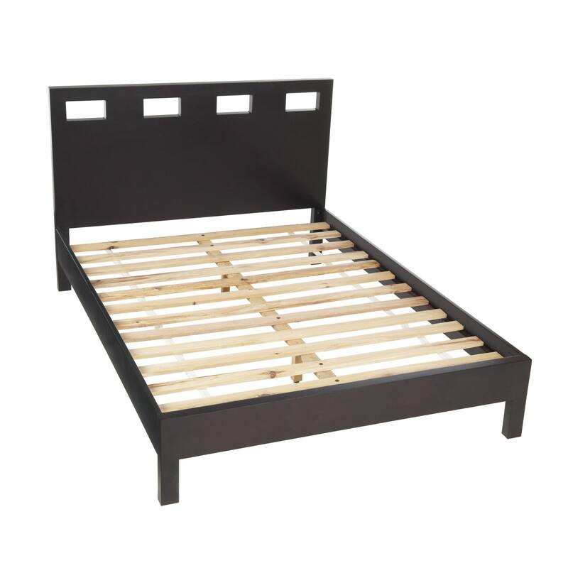 Yee King Size Platform Bed, Cut Out Panel Headboard, Espresso Brown Wood